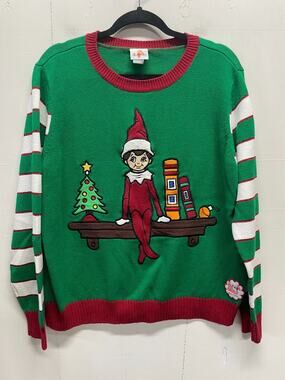 Elf On a Shelf Holiday Christmas Sweater Knit Graphic Size 2X Elf W/ Books, Tree